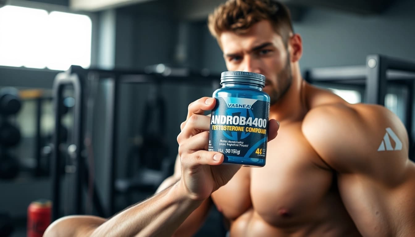 Androbal 400 Testosterone Compound being showcased by a fitness enthusiast during a strength training session.