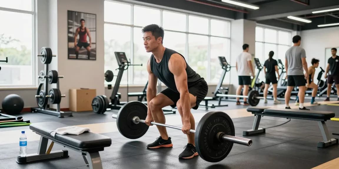 Anabolika Shop Deutschland - Athlet trainiert in einem lebhaften Fitnessstudio, perfektioniert die Technik des Kreuzhebens umgeben von Ausrüstung.