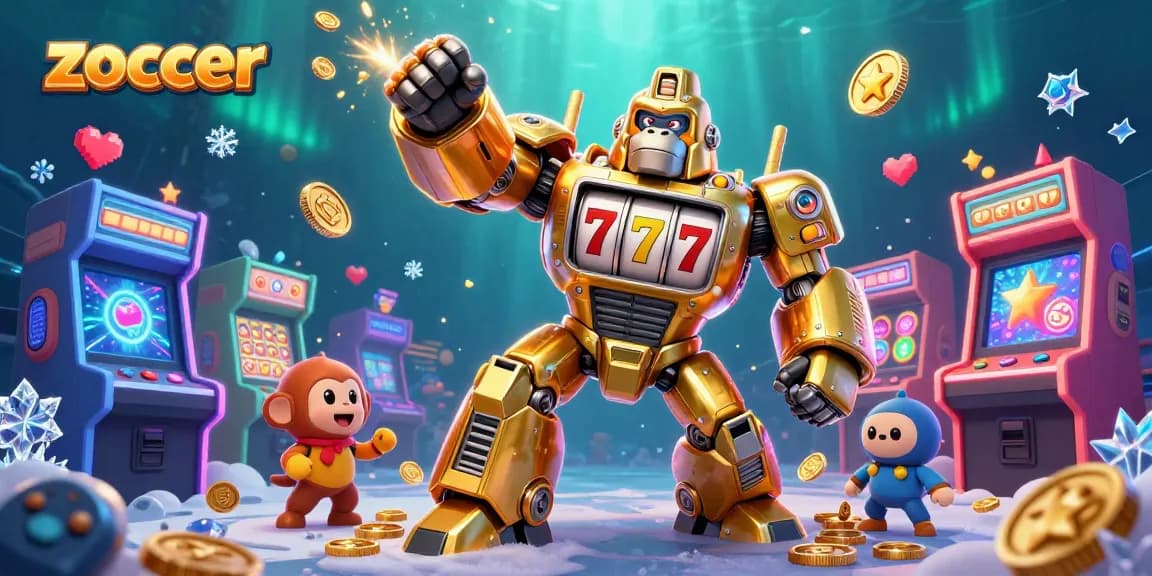 Zoccer ignites excitement with a golden gorilla mech and casino elements in a vibrant scene.