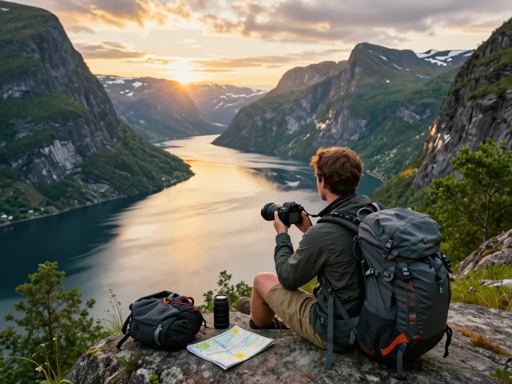Beeindruckende Aussicht auf einen Reisenden, der Urlaub in Skandinavien an einem atemberaubenden Fjord in Norwegen genießt.