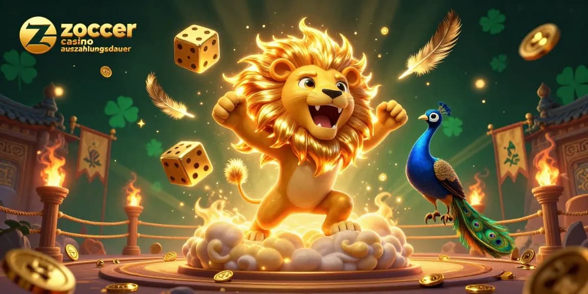 Zoccer Casino Auszahlungsdauer: Erleben Sie beeindruckende 3D-Illustrationen mit goldenen Würfeln und einer majestätischen Löwenfigur.