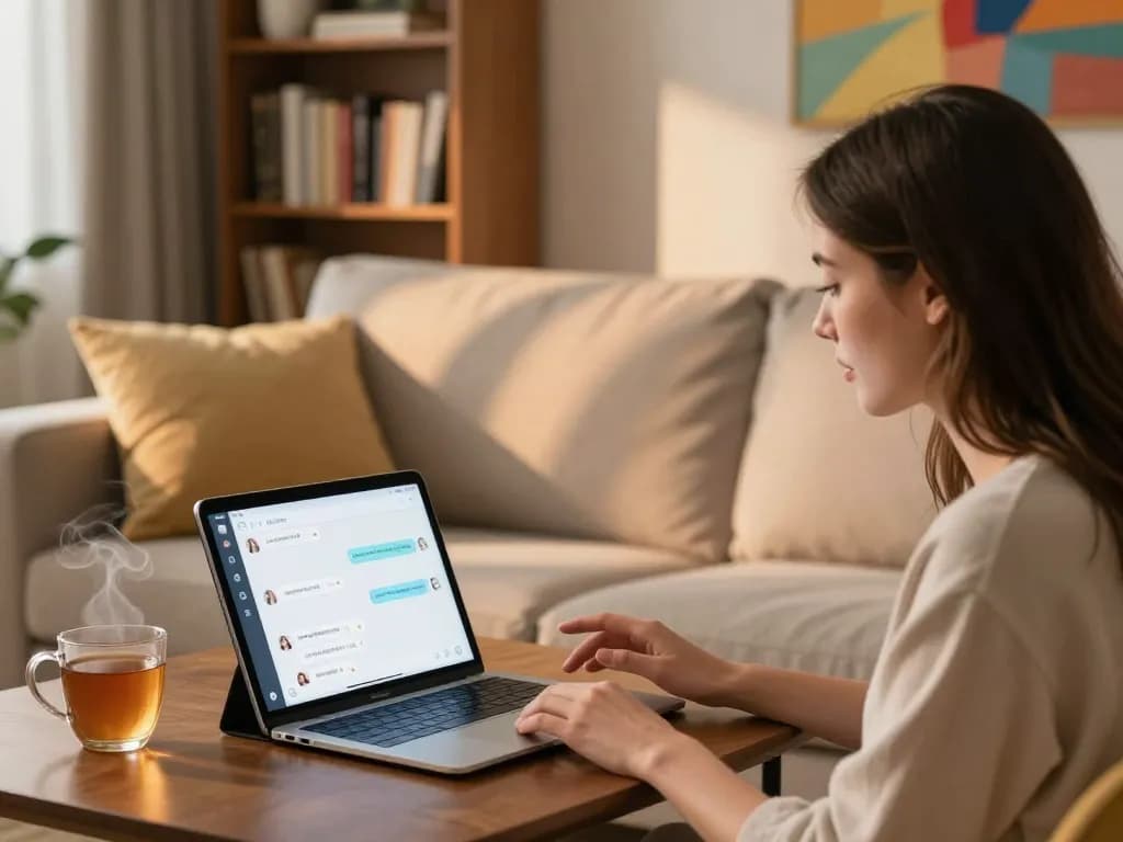 Interacting with a virtual girlfriend AI on a tablet in a cozy living room.