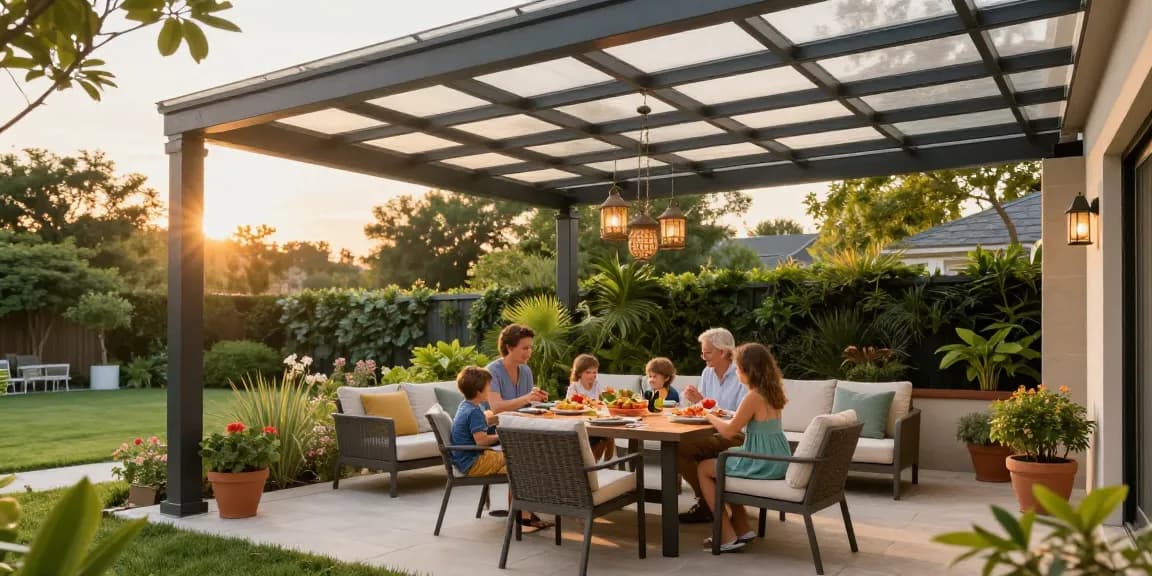Terrassenüberdachungen bieten Schatten für eine einladende Essensszene im Garten.