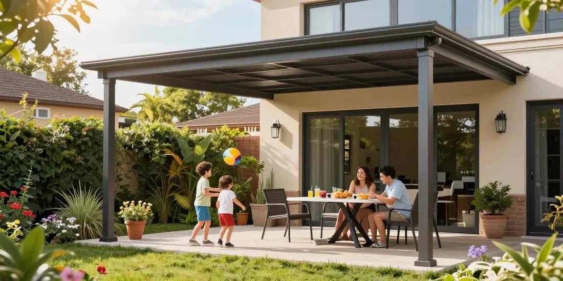 Moderne Terrassenüberdachung bietet Schutz und Stil für Familienzeit im Garten.