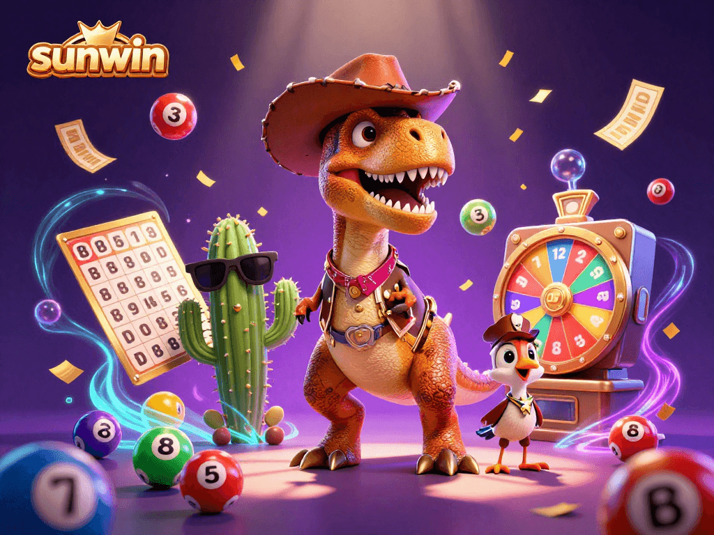 Engage with the vibrant sunwin themed lottery scene featuring charming 3D cartoon characters and dynamic game elements.