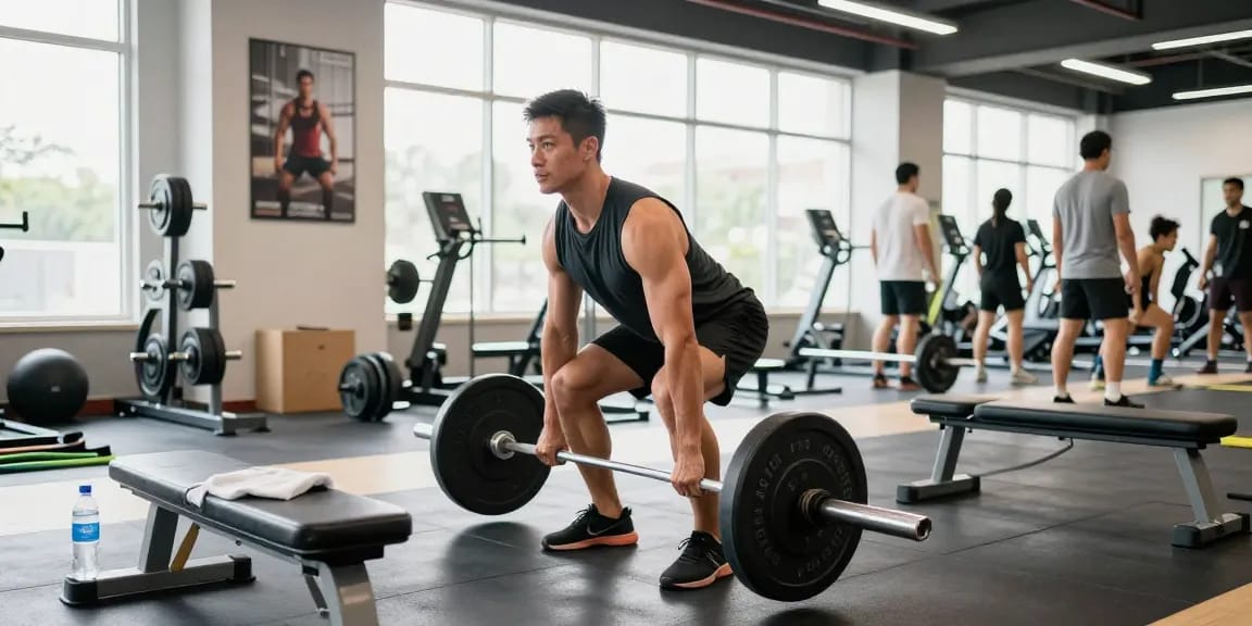 Anabolika Shop Deutschland - Athlet trainiert in einem lebhaften Fitnessstudio, perfektioniert die Technik des Kreuzhebens umgeben von Ausrüstung.