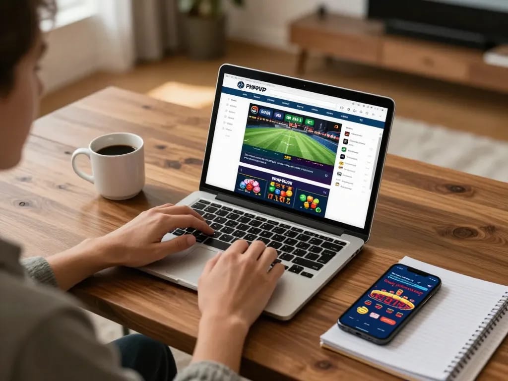 Player placing bets on PHPVIP while enjoying a cozy home gaming environment with laptop and strategy notes.