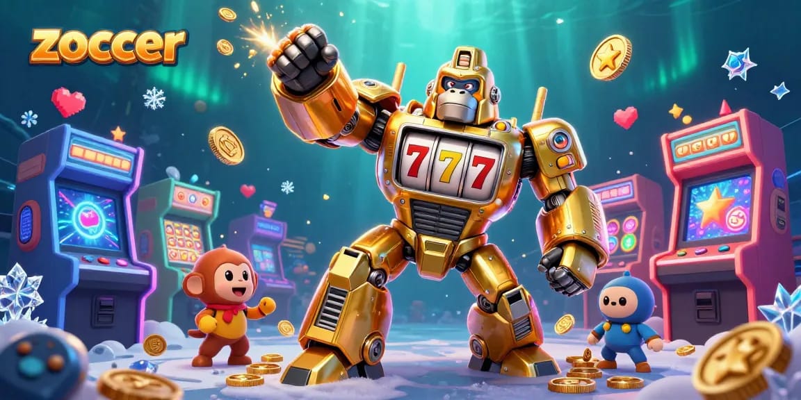 Zoccer ignites excitement with a golden gorilla mech and casino elements in a vibrant scene.