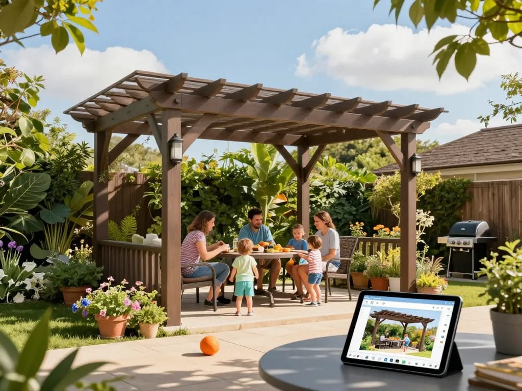 Interaktive Pergola 3D-Visualisierung in einer lebhaften Gartenumgebung mit einer Familie, die den Sommer genießt, und die Anpassungsmöglichkeiten zeigt.