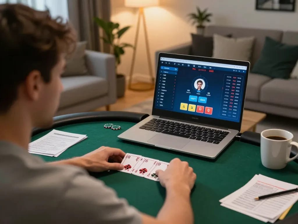Engagierter Spieler, der während eines Online-Poker-Spiels strategisch plant, zeigt Immobilienmakler Frankfurt Riedberg.