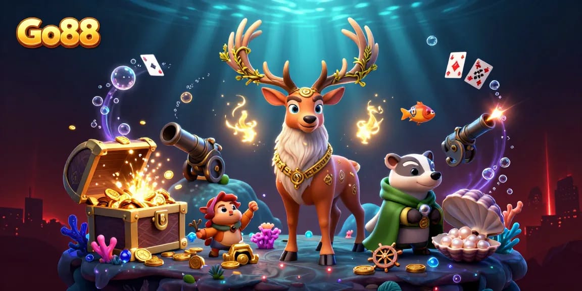 Engage with Go88 at a captivating 3D illustration featuring vibrant casino elements and enchanting characters.