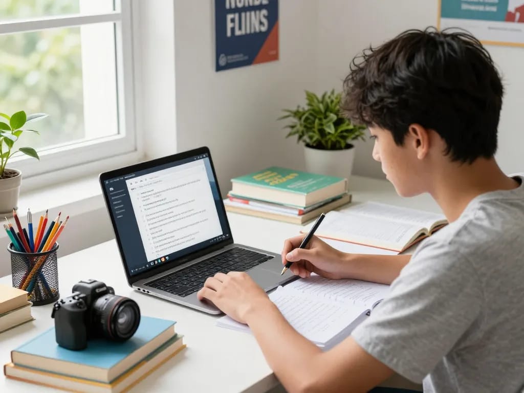 Student nutzt eine Hausaufgaben Löser-App auf einem intelligenten Gerät zwischen Studienmaterialien.