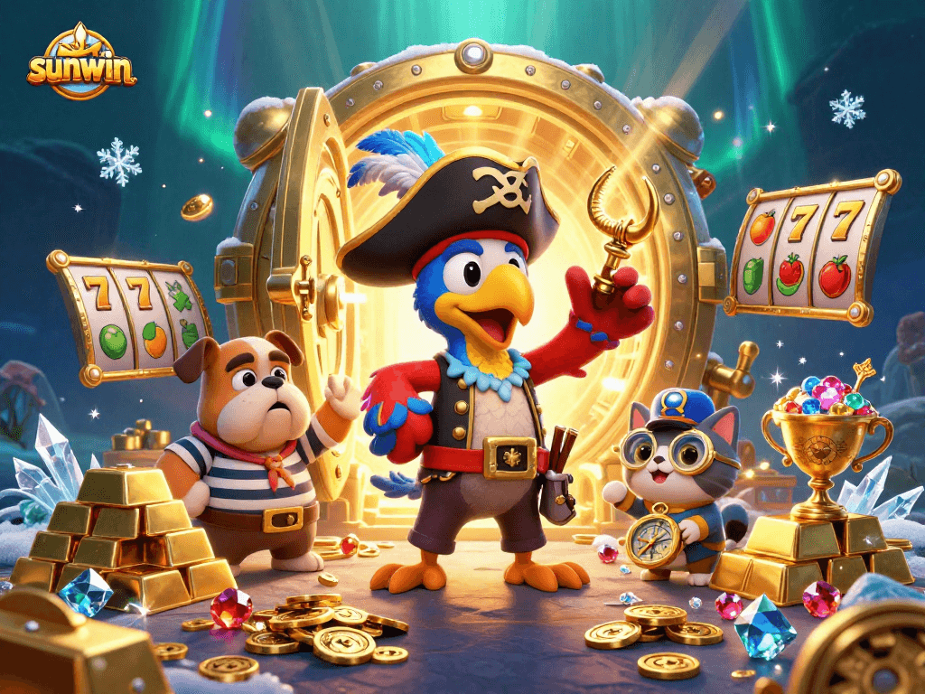 Experience sunwin's vibrant 3D casino scene with pirate characters and dazzling treasures.