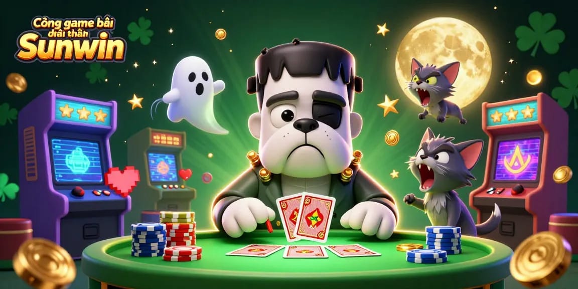 Cổng game bài đổi thưởng Sunwin showcases a lively card game scene with characters and vibrant gaming elements.