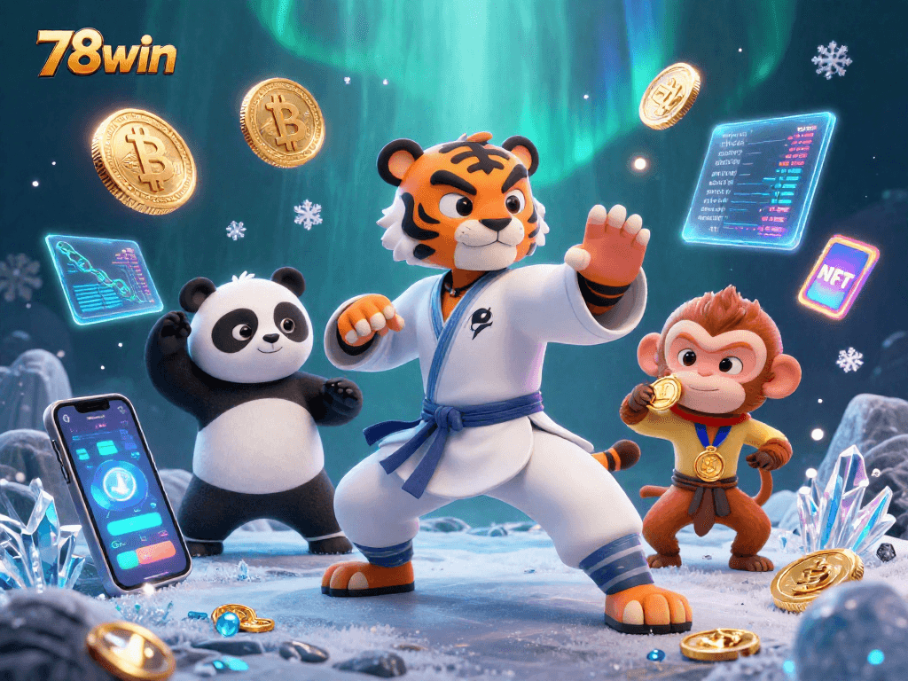Engage with 78win's interactive casino scene featuring a kung fu tiger and crypto elements.