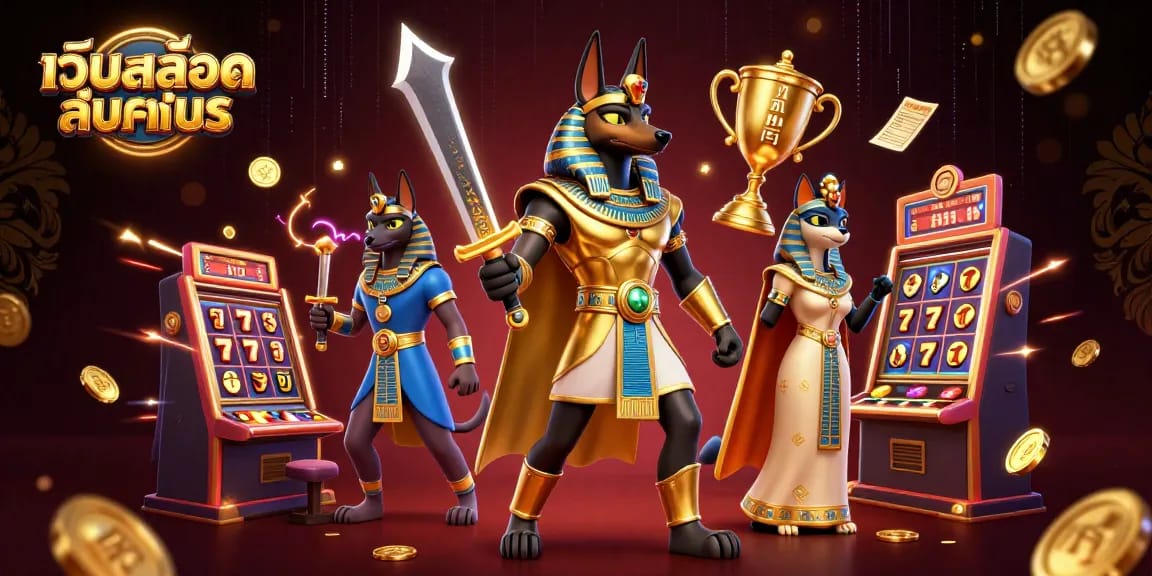 Experience เว็บสล็อตทดลอง with dynamic slot machines and ancient Egyptian characters in a vibrant casino scene.