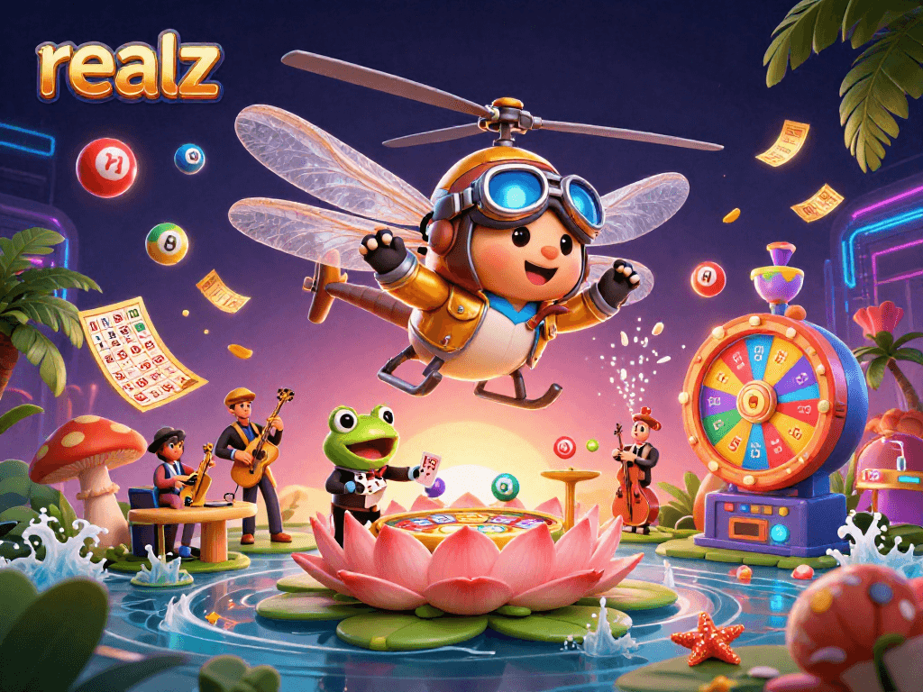 Realz Casino-Action mit einem Frosch-Croupier, dem Drachenfliegen-Piloten und Jazzmusikern.