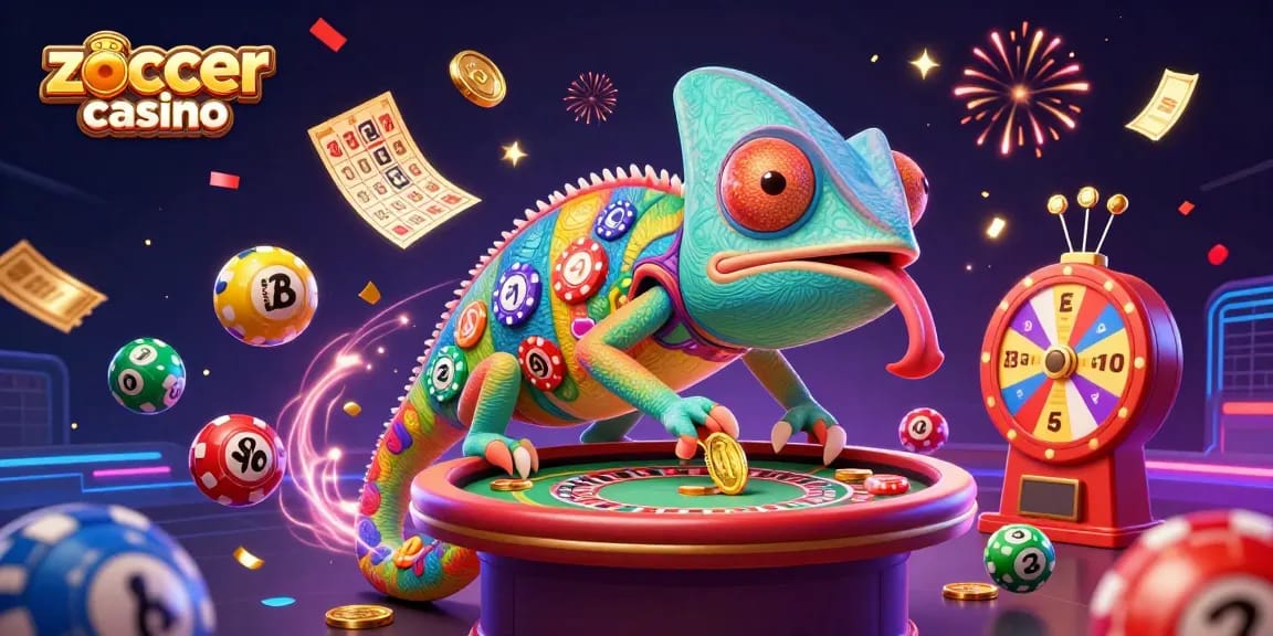 Zoccer casino's vibrant atmosphere celebrates winning with colorful balls and golden prizes, 3D illustration.