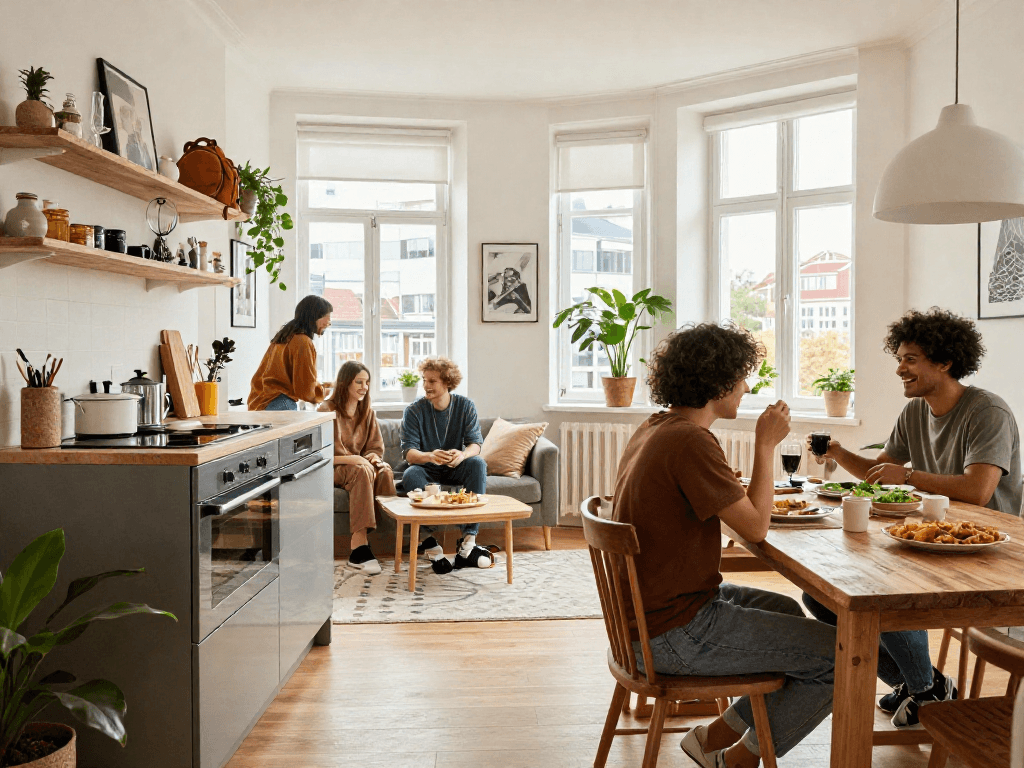 Moderne Monteurwohnung Hannover mit Freunden, gemütlicher Wohnbereich und helle Fenster.