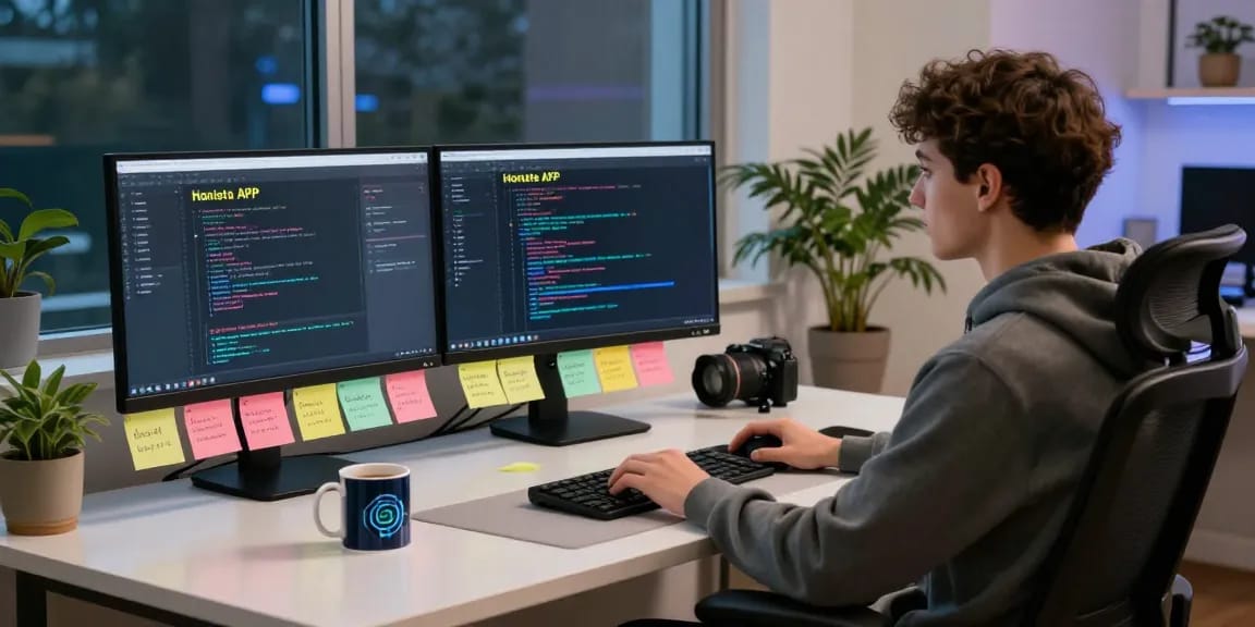 Workspace showcasing the Honista atualizado APK features on multiple screens, emphasizing software customization and privacy.