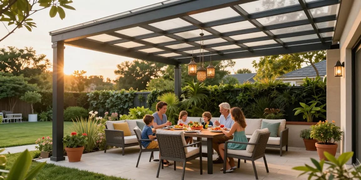 Terrassenüberdachungen bieten Schatten für eine einladende Essensszene im Garten.