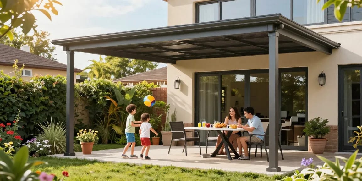 Moderne Terrassenüberdachung bietet Schutz und Stil für Familienzeit im Garten.