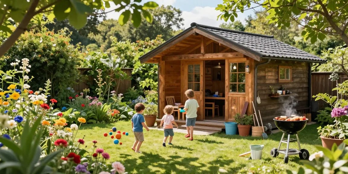 Gemütliches Garten Haus umgeben von Blumen und spielenden Kindern im Garten.