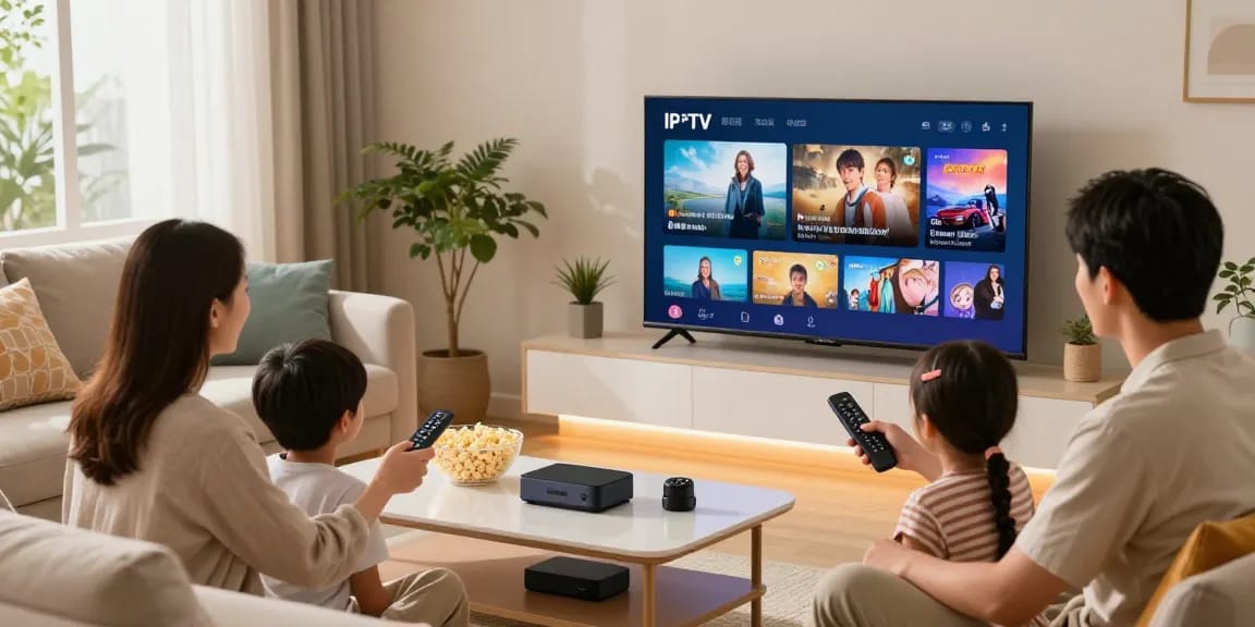 Eine Familie nutzt ihren IPTV Smart TV, um gemeinsam Filme zu schauen, vor einem großen Fernseher mit gemütlicher Wohnzimmeratmosphäre.