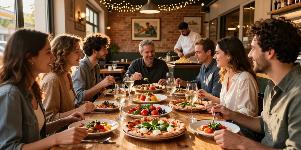 Delicious dining experience at Pizzeria Madera featuring pg soft pizzas and antipasti among friends.