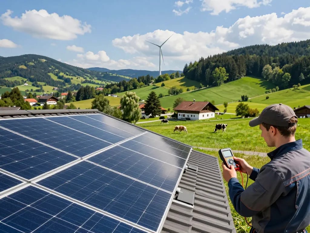 Photovoltaik Bayern mit Solarpanels in der malerischen bayerischen Landschaft, Techniker überprüft Systeme und zeigt erneuerbare Energie.