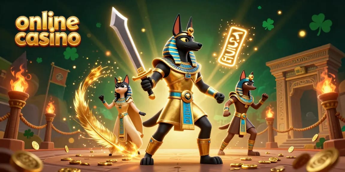 Engage with the online casino adventure featuring Anubis and Bastet amidst glowing hieroglyphs.