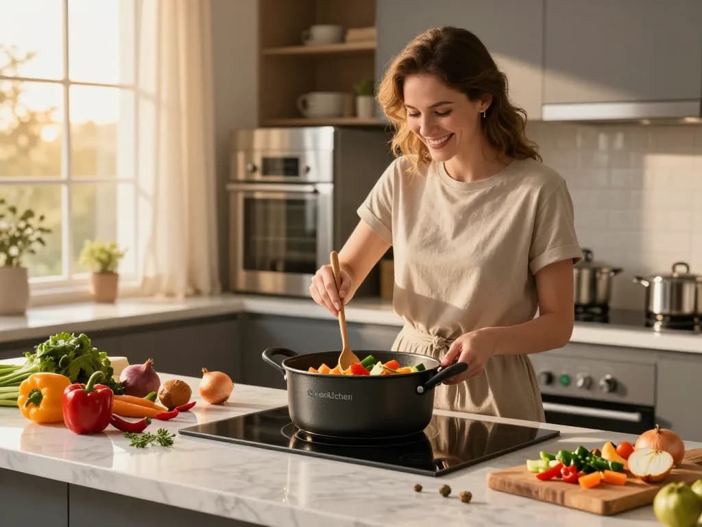 Ein Koch, der einen Gemüse-Eintopf in einem 24 cm GreenKitchen Induktionskochtopf umrührt, und dabei den besten Kochtopf für Induktion zeigt.