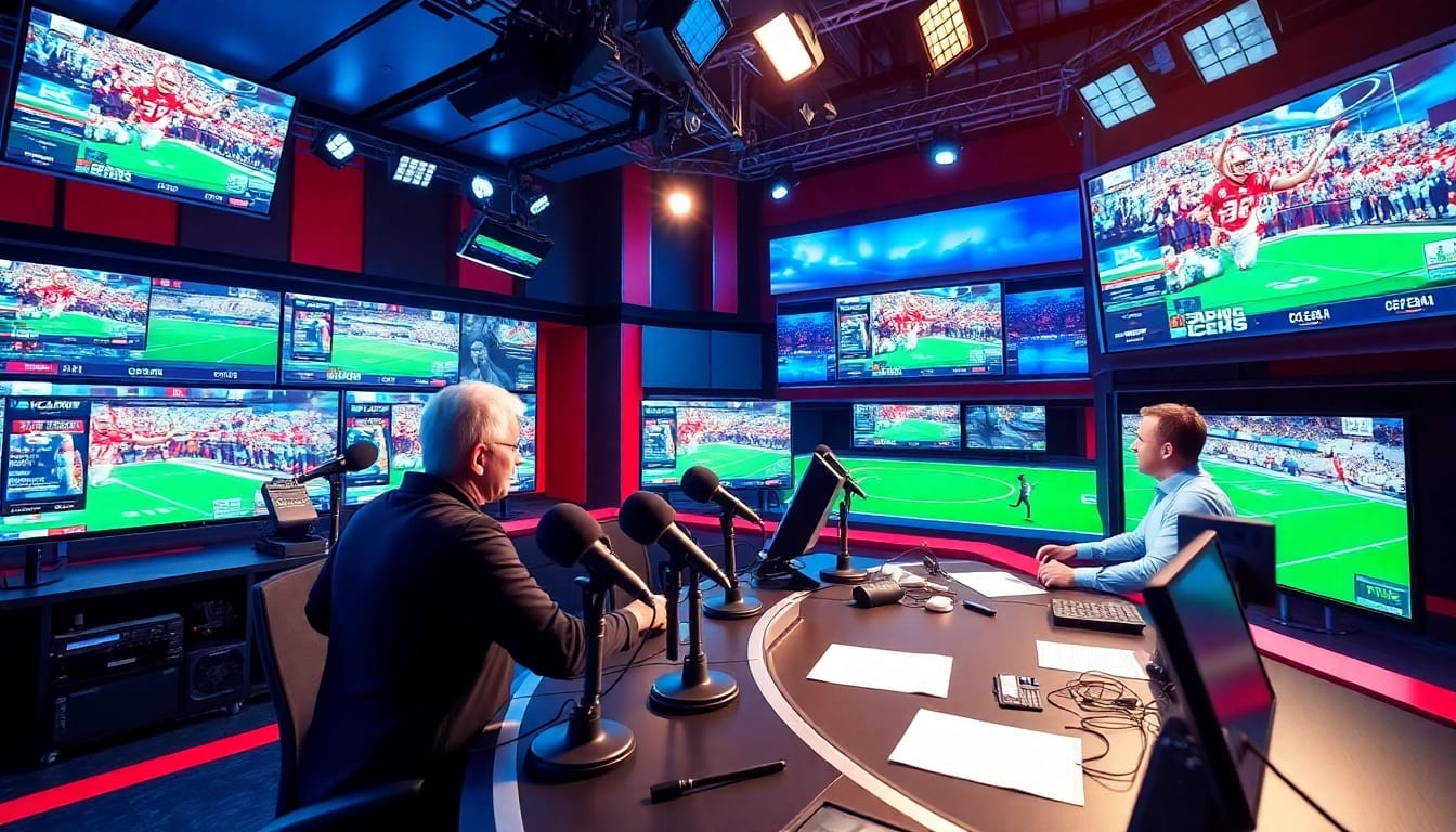 Dynamic sports broadcasting studio featuring live anchors and vibrant visuals.