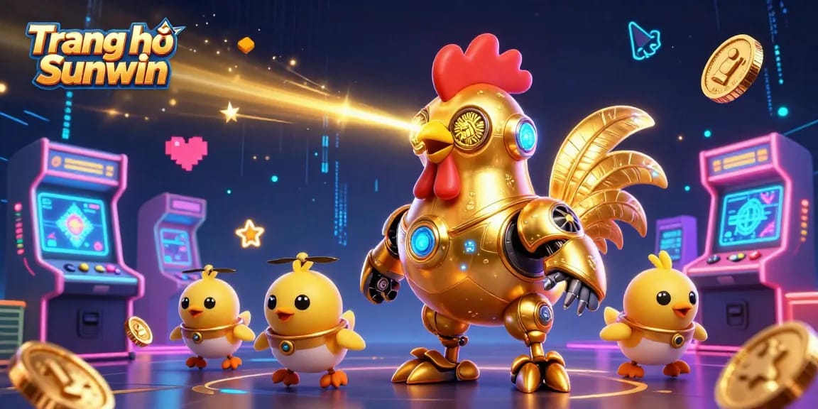 Experience thrilling gameplay at Trang chủ Sunwin featuring a golden rooster robot with baby chick drones in a vibrant casino scene.