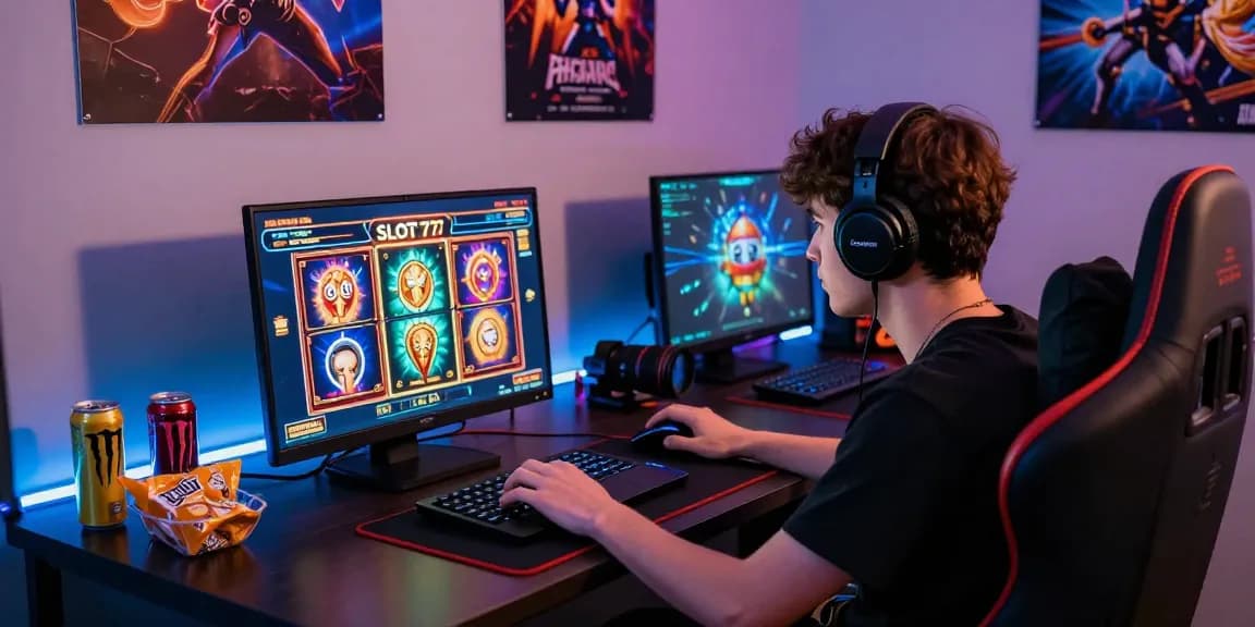 Pengguna SIS4D bermain Slot777 dengan penuh konsentrasi di laptopnya, dikelilingi grafik slot yang cerah dan aksesori gaming menarik.
