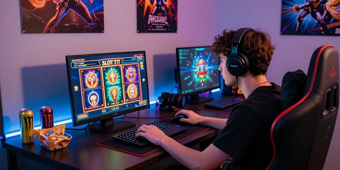 Pengguna SIS4D bermain Slot777 dengan penuh konsentrasi di laptopnya, dikelilingi grafik slot yang cerah dan aksesori gaming menarik.