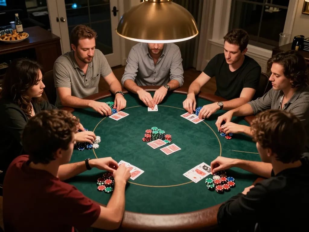 Engaged players in a home poker game analyze strategies while enjoying a social atmosphere, Plagiat scannen for fun.