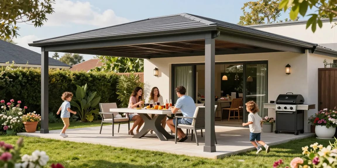 Familie unter einer freistehenden Terrassenüberdachung bei Sonnenschein, umgeben von blühenden Pflanzen.