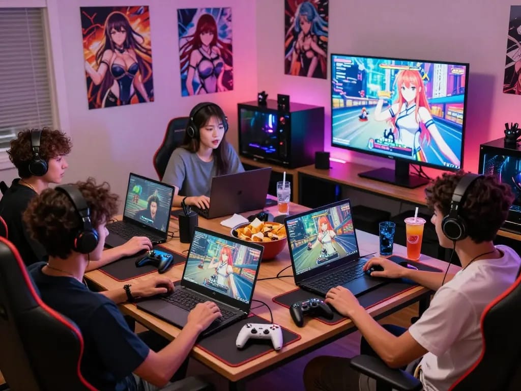 Engaged gamers in a modern setting immersed in a hentai game experience with vibrant colors and anime decor.