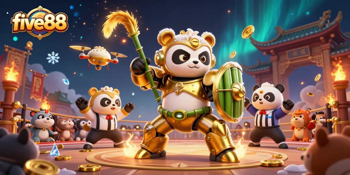 Exciting five88 gaming scene with golden panda robot and vibrant casino action.