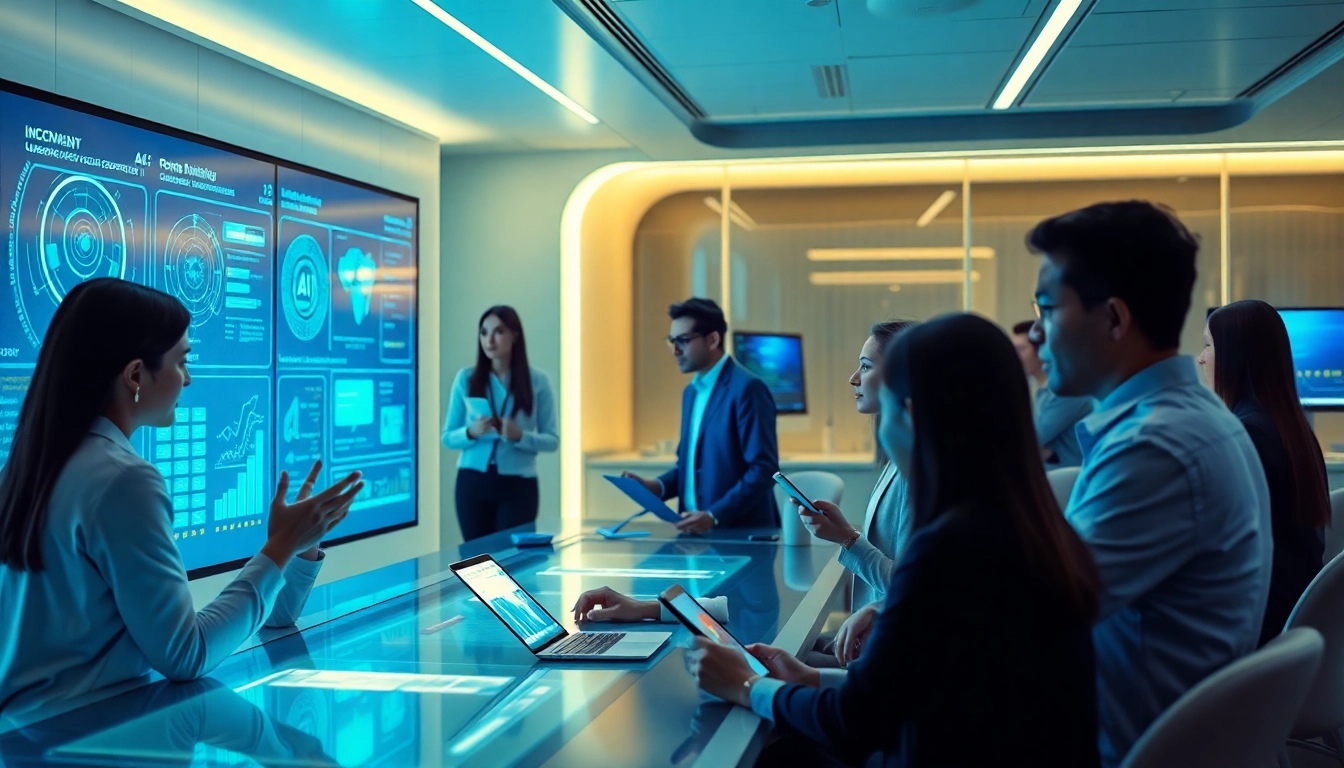 Futuristic AI learning environment for adults 18+, featuring diverse individuals engaging with modern technology.