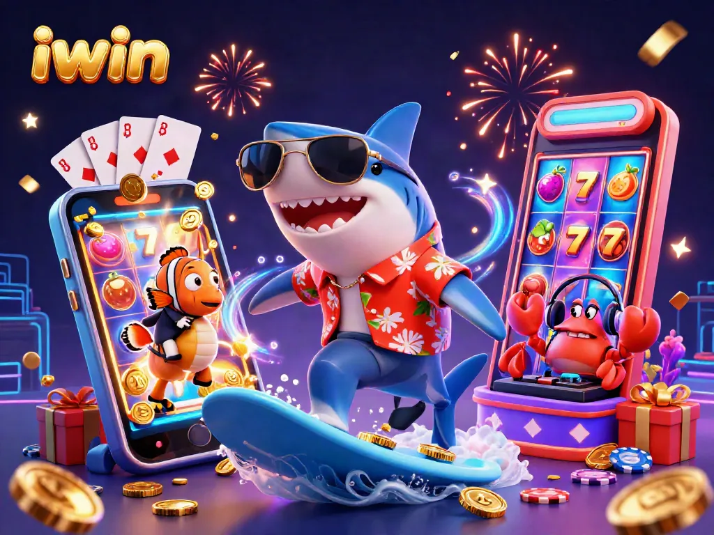 Experience iwin's vibrant casino excitement with a shark surfing on gold coins.