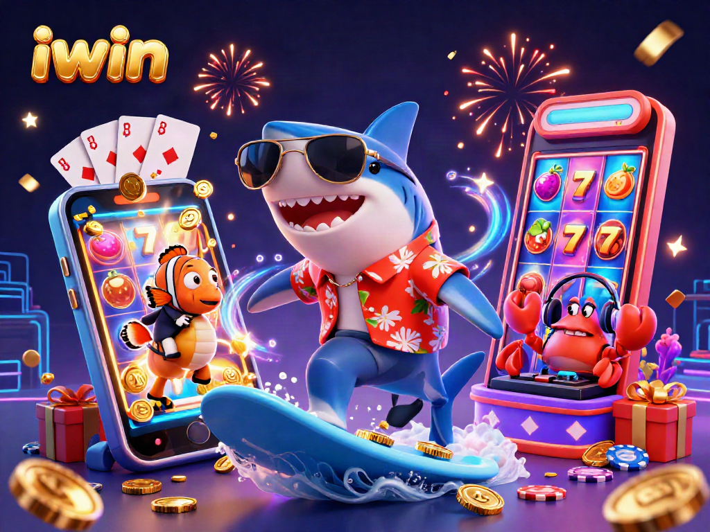 Experience iwin's vibrant casino excitement with a shark surfing on gold coins.