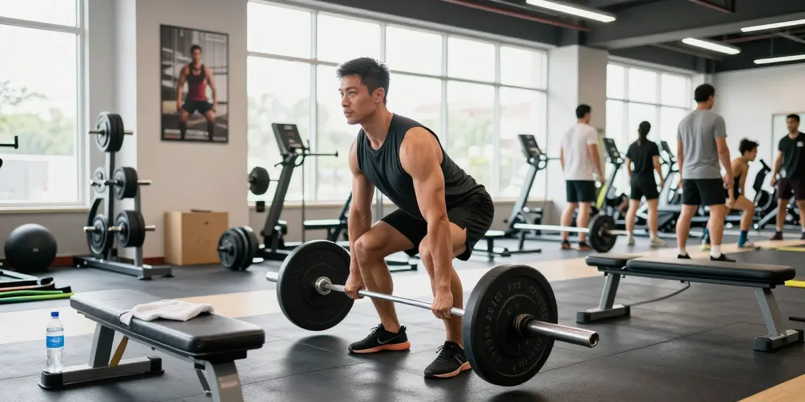 Anabolika Shop Deutschland - Athlet trainiert in einem lebhaften Fitnessstudio, perfektioniert die Technik des Kreuzhebens umgeben von Ausrüstung.