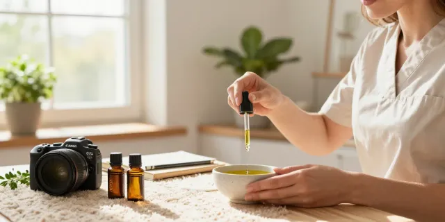 Schwarzkümmelöl in einer Wellness-Szene zur Aromatherapie mit Kräutern und natürlichem Licht.