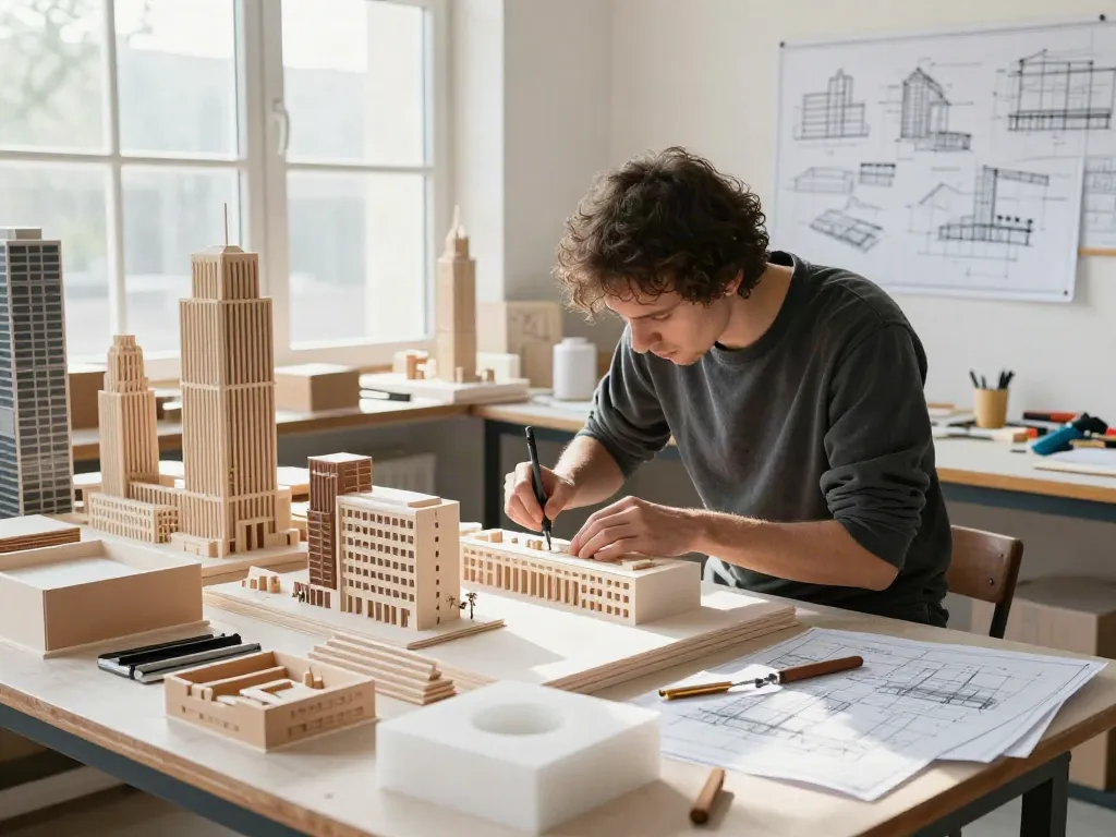 Präziser Architekturmodellbau Österreich mit detailreichen Modellen in einem kreativen Workshop.