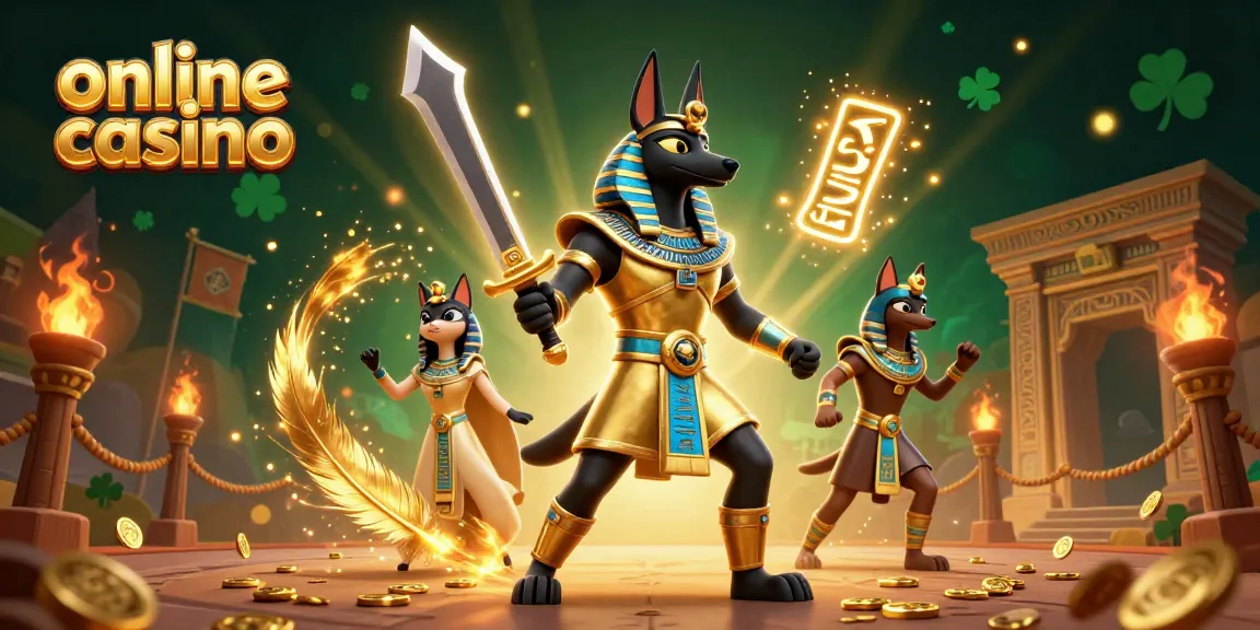 Engage with the online casino adventure featuring Anubis and Bastet amidst glowing hieroglyphs.