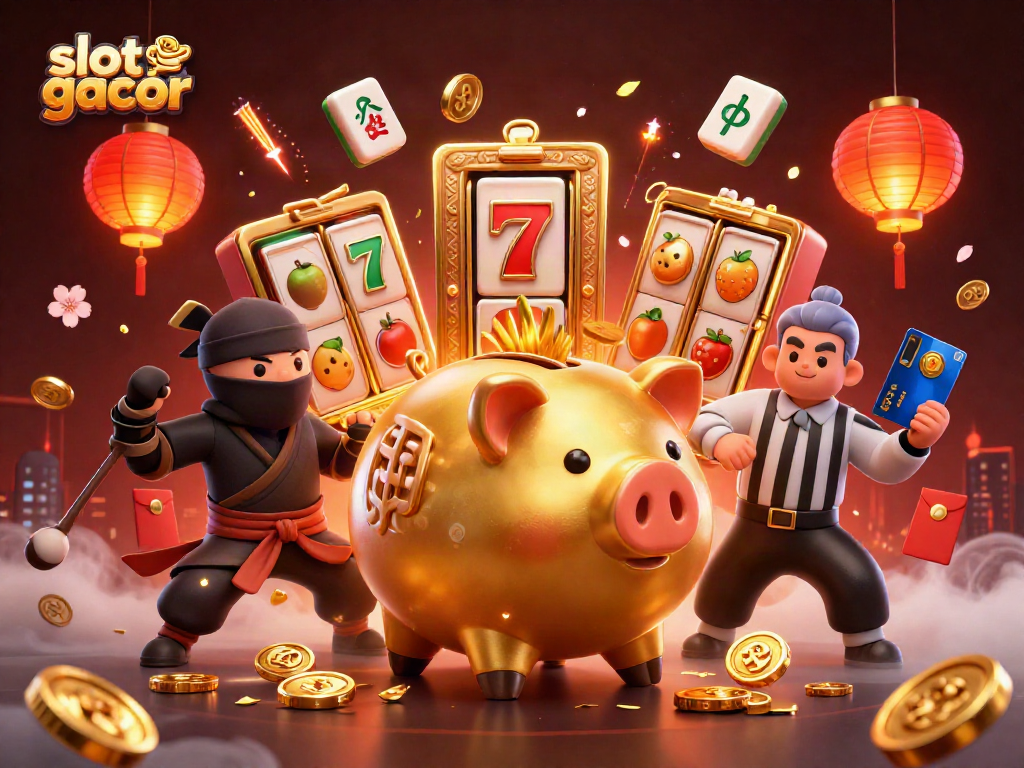Experience the excitement of slot gacor with a dynamic scene of winning characters, including a golden piggy bank sumo wrestler.