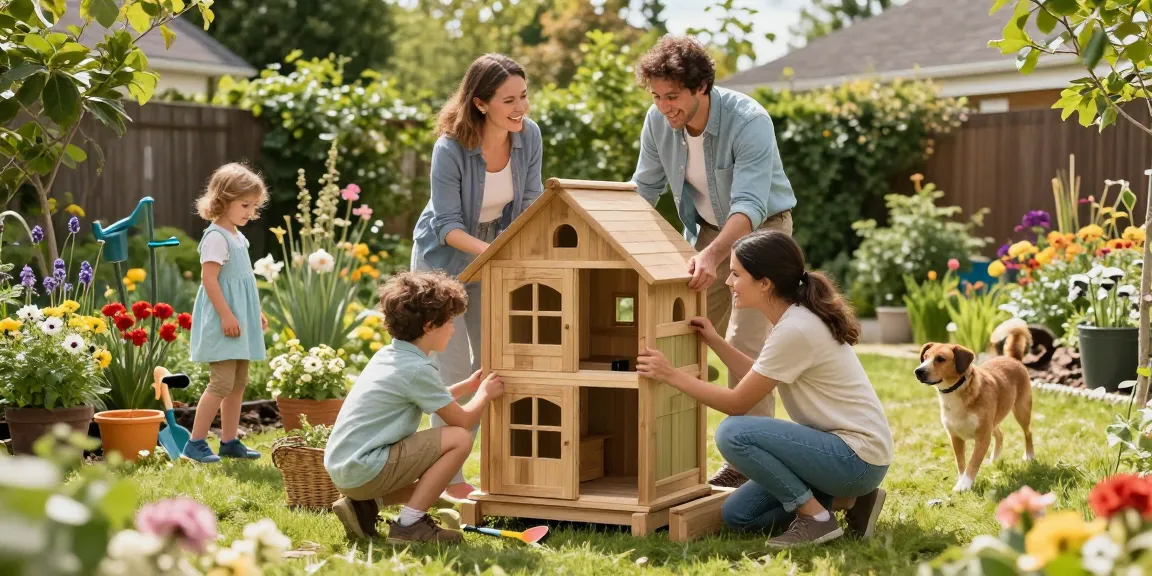 Gartenhaus kaufen: Familie beim Aufbau eines Gartenhauses in einem blühenden Garten.