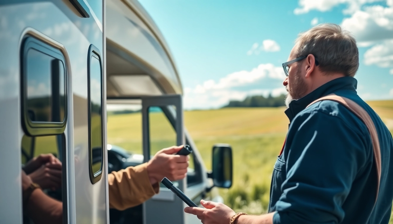 Wohnmobil Gutachten durch Experten bei der Überprüfung eines Fahrzeugs im Freien.